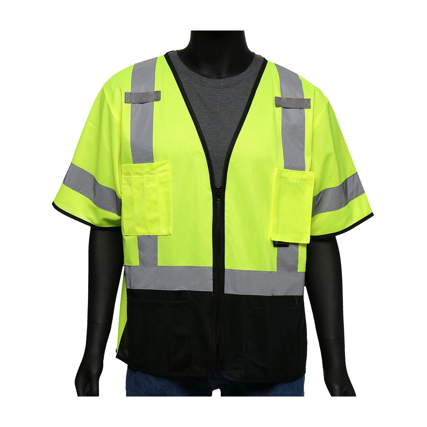 Viz-Up™ ANSI Type R Class 3 Five Pocket Solid Front/Mesh Back Vest with Black Bottom Front
