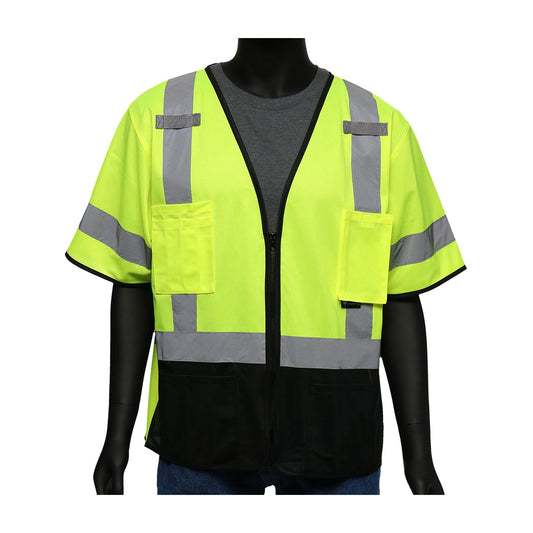 Viz-Up™ ANSI Type R Class 3 Five Pocket Solid Front/Mesh Back Vest with Black Bottom Front