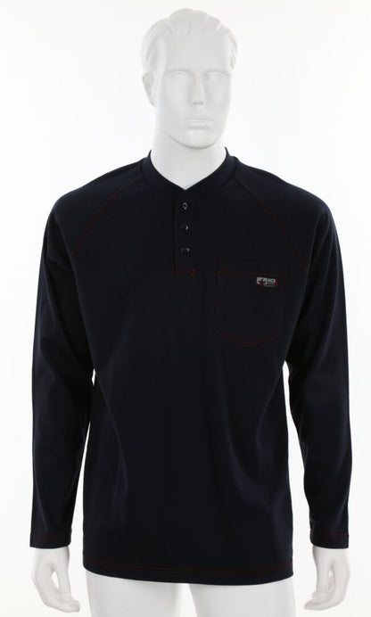 H1N - MCR Safety FR Gear - Navy Blue Flame Resistant (FR) Work Shirt - Long Sleeve Henley Shirt - 100% Cotton - NFPA 70E and NFPA 2112 Compliant
