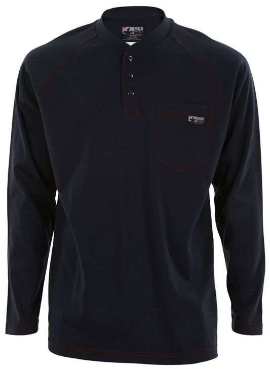 H1N - MCR Safety FR Gear - Navy Blue Flame Resistant (FR) Work Shirt - Long Sleeve Henley Shirt - 100% Cotton - NFPA 70E and NFPA 2112 Compliant