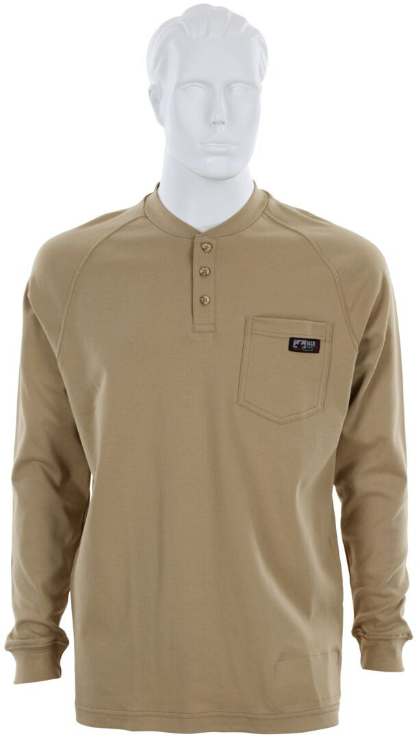 MCR Safety H1T - MCR Safety FR Gear - Tan Flame Resistant (FR)Work Shirt - Long Sleeve Henley Shirt - 100% Cotton - NFPA 70E and NFPA 2112 Compliant — manufacturer image 4