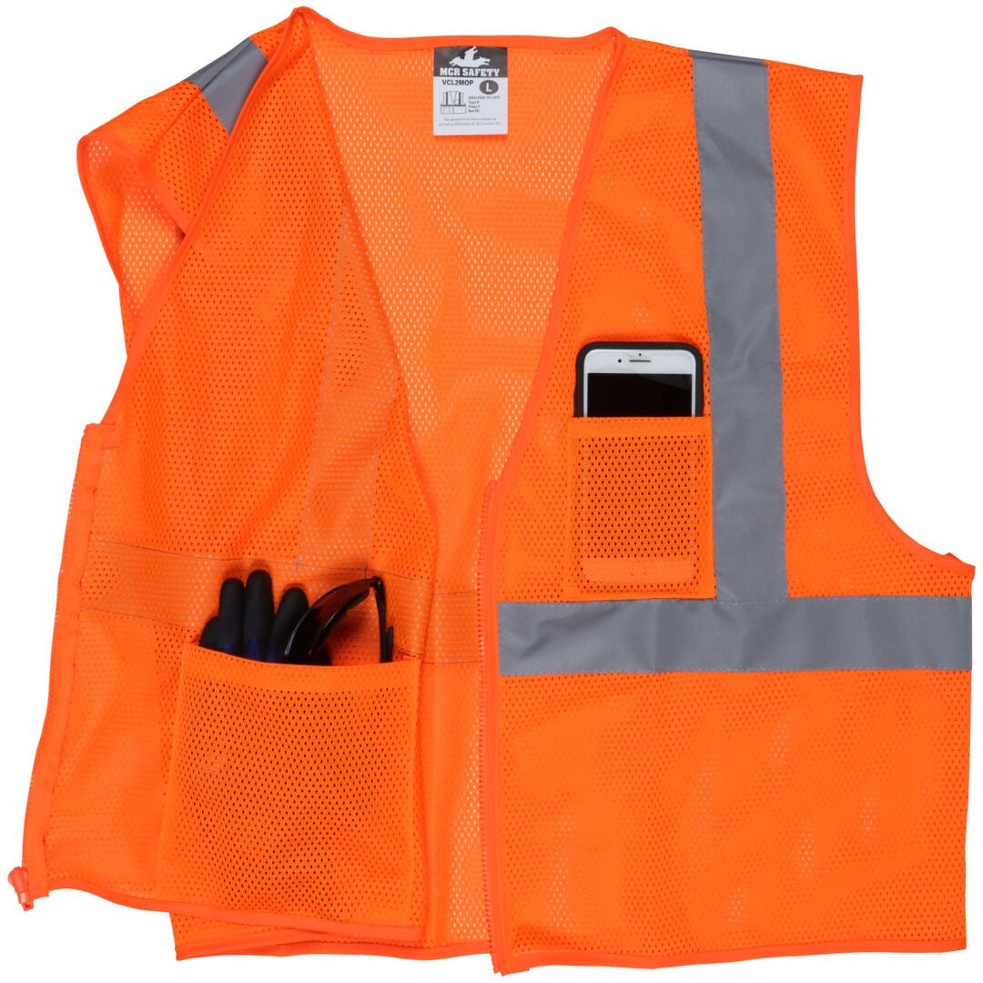MCR Safety VCL2MOP - Hi-Vis Orange Safety Vest - 2 Inch Silver Reflective Stripes - Zipper Front Closure - Meets ANSI/ISEA 107 2020 Standard - Type R Class 2 Compliant - Breathable Safety Vest with Mesh Fabric — manufacturer image 4