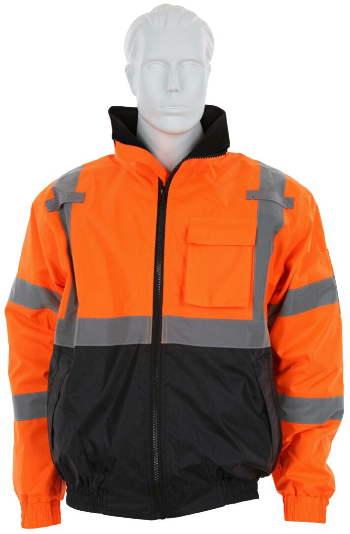 MCR Safety VBBQCL3O - Luminator® Series - Two Tone Value Bomber Jacket - Meets ANSI/ISEA 107 2020 Standards - Type R Class 3 Compliant - Quilted Rain Jacket with Silver Reflective Stripes - Quilted Liner Adds Warmth and Comfort — manufacturer image 5