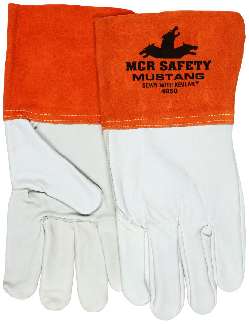 Mustang Cowhide Grain Leather Welding Gloves, Kevlar-Sewn, Gauntlet Cuff, Unlined