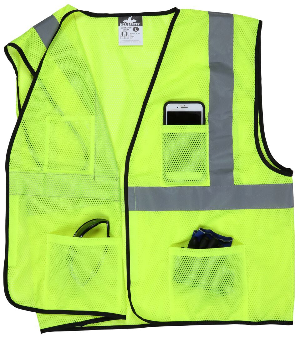 MCR Safety VCL2ML - Hi-Vis Lime Safety Vest - 2 Inch SIlver Reflective Stripes - Mesh Fabric with Hook & Loop Closure - Meets ANSI/ISEA 107 2020 Standard - Type R Class 2 Compliant - Breathable Safety Vest with Mesh Fabric — manufacturer image 4