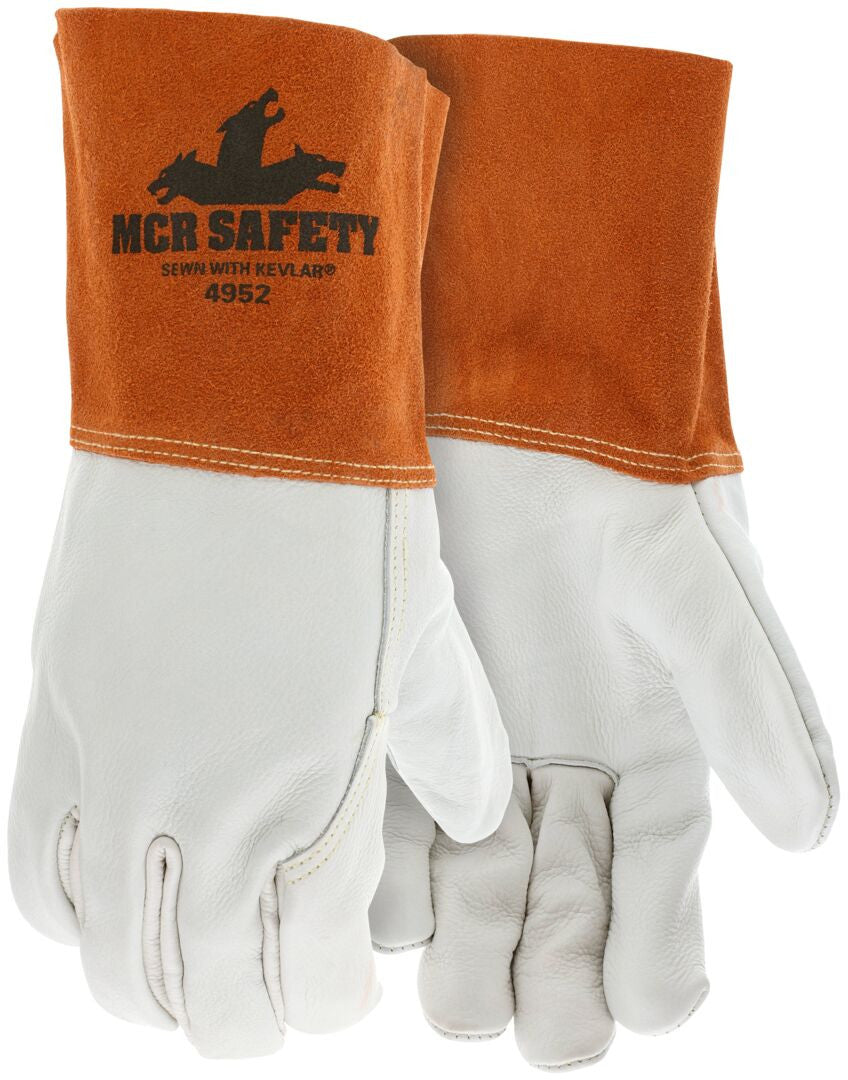 Grain Cowhide Welding Gloves, Kevlar Sewn, Russet Split Leather Cuff, Unlined