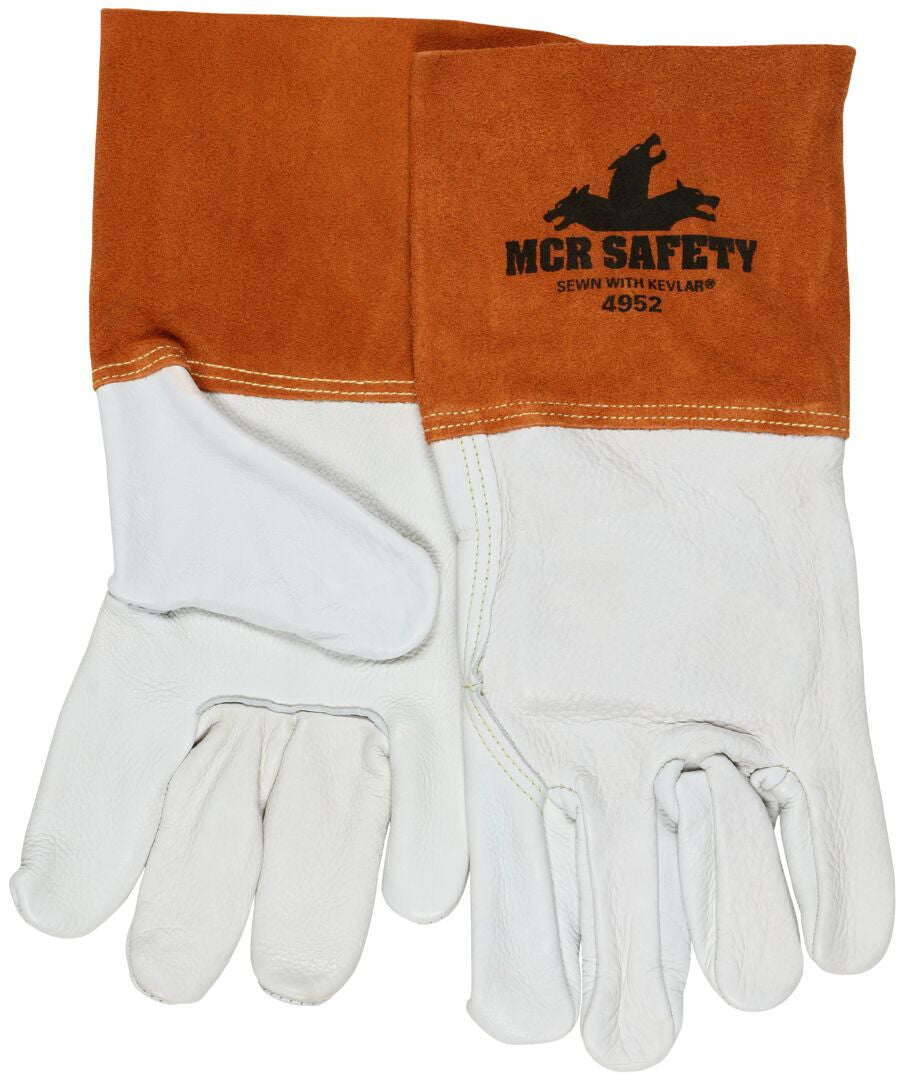Grain Cowhide Welding Gloves, Kevlar Sewn, Russet Split Leather Cuff, Unlined
