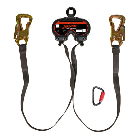 KStrong® BRUTE™ Dual 9 ft. Web (6 ft. Internal, 3 ft. External) Aluminum SRL with Tie-Back Hooks, Hi-Abrasion Resistant Webbing, and Black ED Casing (ANSI) – Aluminum Harness Connector Included.