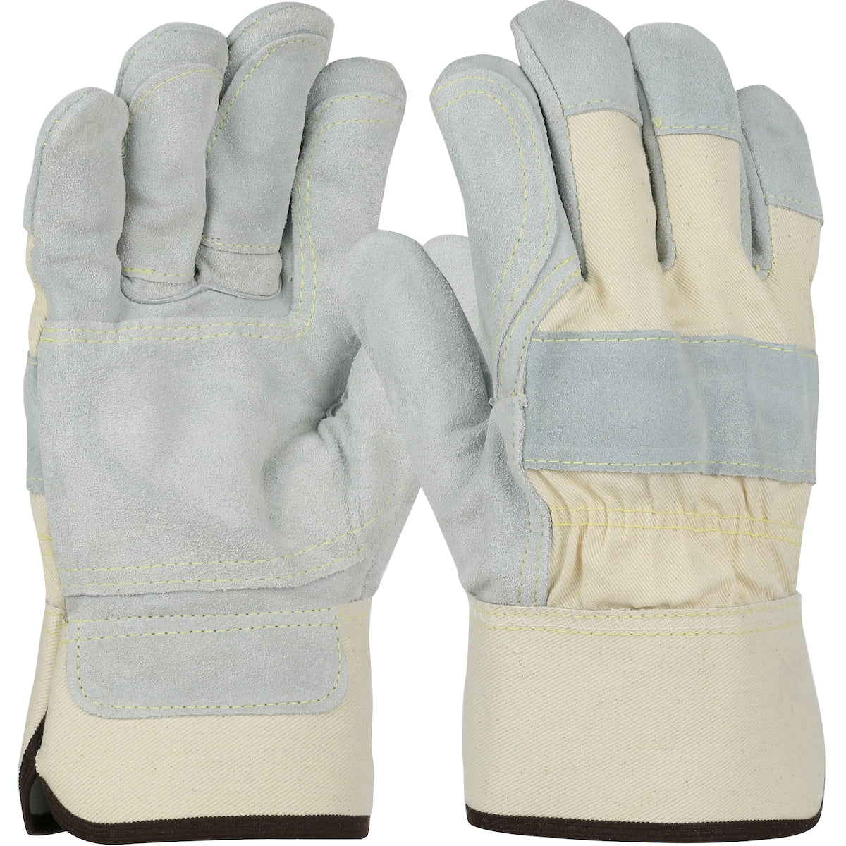 PIP 500DP-AA – Premium Grade Split Cowhide Leather Double Palm Glove with Canvas Back and Aramid Stitching - Rubberized Safety Cuff