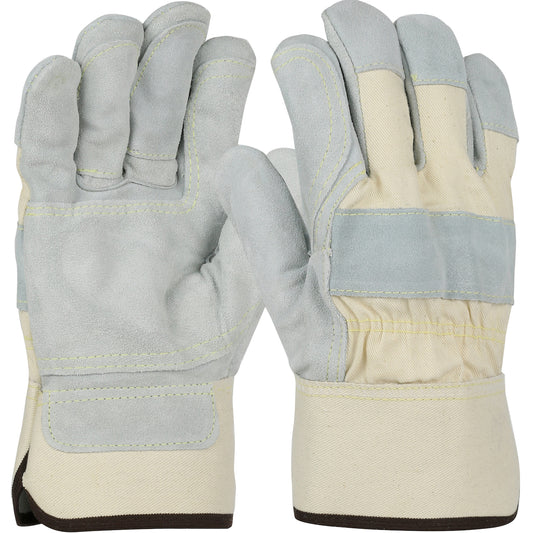 PIP 500DP-AA – Premium Grade Split Cowhide Leather Double Palm Glove with Canvas Back and Aramid Stitching - Rubberized Safety Cuff