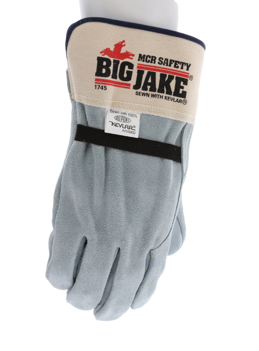1745 - Big Jake® Series - Leather Palm Work Gloves - Inner Double Palm - Premium A+ Split Side Leather - Full Leather Back - 2.5-Inch Rubberized Safety Cuff - Elastic Strap Back - Constructed with Premium Components