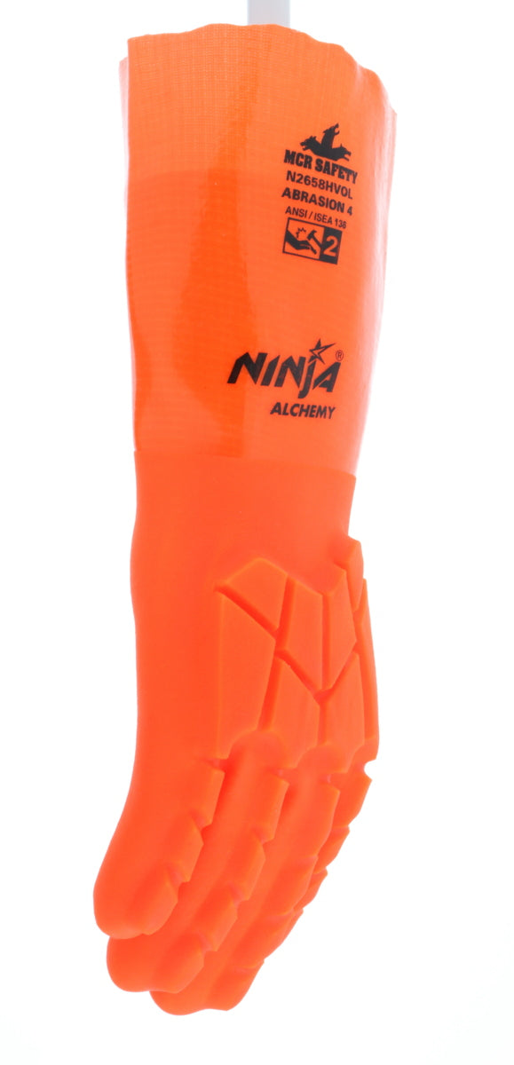 N2658HVO - Ninja® Alchemy Work Gloves - 15-Gauge Nylon Shell - Fully Double Coated with PVC - TPR Back-of-Hand Impact Protection - 14-Inch Gauntlet Cuff - Hi-Visibility Waterproof Glove with Level 2 Impact Protection