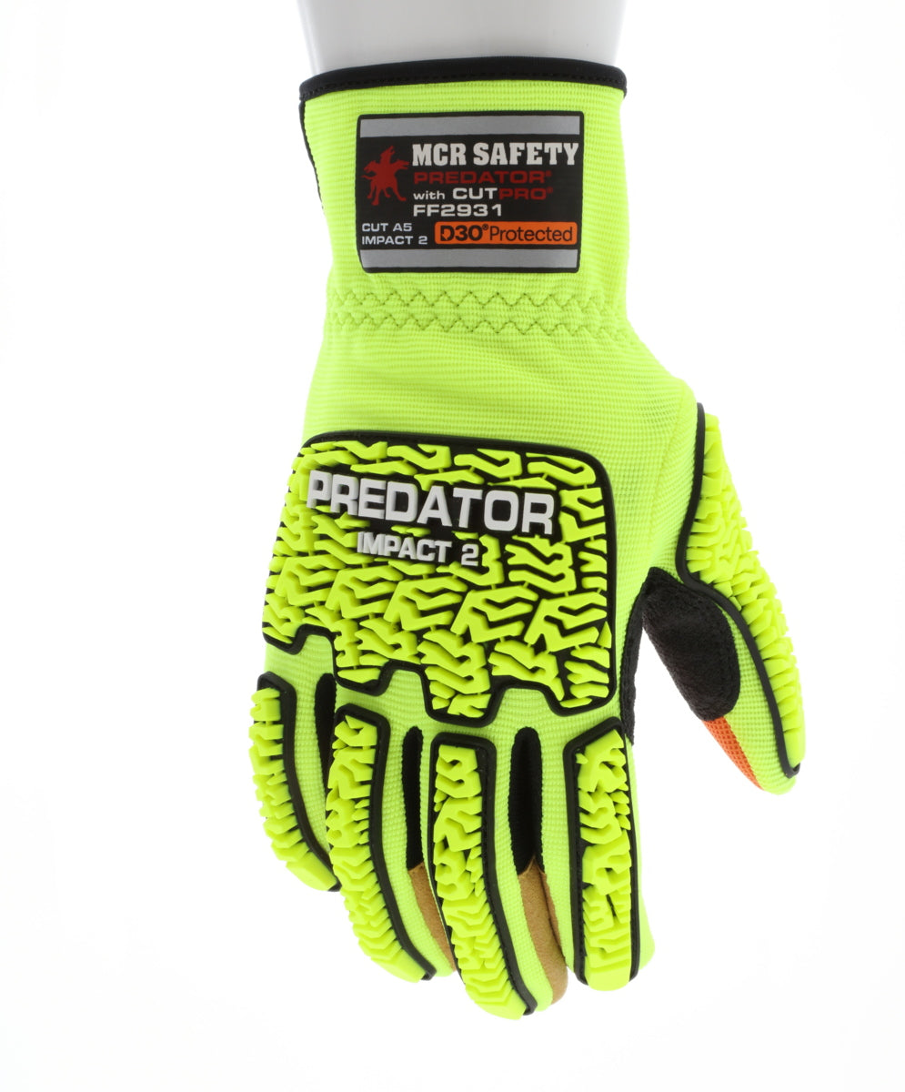 FF2931 - MCR Safety Predator® Mechanics Work Gloves - HyperMax® HPPE Cut Resistant Palm Liner - Hi-Vis Lime Two-Way Spandex Glove Back - MaxGrid™ Reinforced Palm - D3O® Padded Palm - Predator® PD6 Back of Hand TPR for Impact Protection