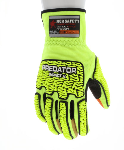 FF2931 - MCR Safety Predator® Mechanics Work Gloves - HyperMax® HPPE Cut Resistant Palm Liner - Hi-Vis Lime Two-Way Spandex Glove Back - MaxGrid™ Reinforced Palm - D3O® Padded Palm - Predator® PD6 Back of Hand TPR for Impact Protection