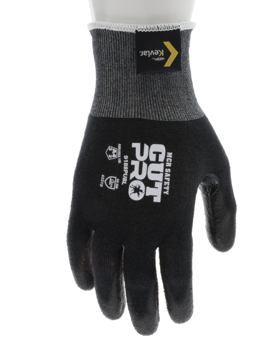 9188PUB - MCR Safety CutPro® - 18 Gauge Black Kevlar® Comfort Aramid Shell - Cut Resistant Work Gloves - Polyurethane (PU)Coated Palm and Fingertips - Reinforced Thumb Crotch
