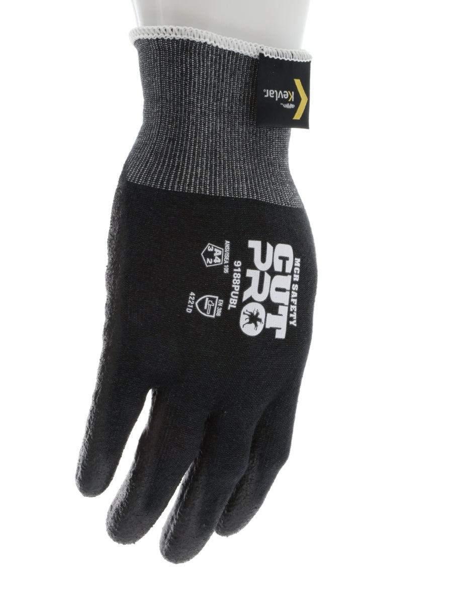 9188PUB - MCR Safety CutPro® - 18 Gauge Black Kevlar® Comfort Aramid Shell - Cut Resistant Work Gloves - Polyurethane (PU)Coated Palm and Fingertips - Reinforced Thumb Crotch