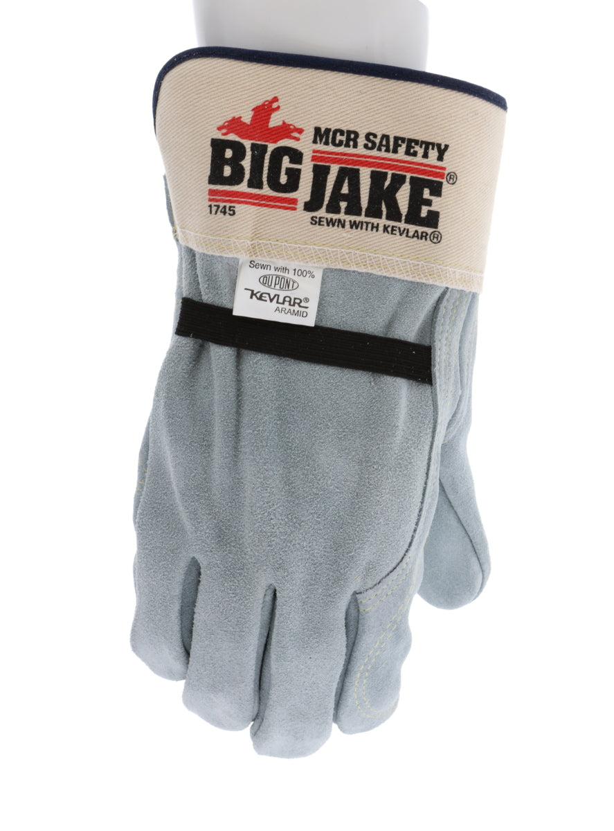 1745 - Big Jake® Series - Leather Palm Work Gloves - Inner Double Palm - Premium A+ Split Side Leather - Full Leather Back - 2.5-Inch Rubberized Safety Cuff - Elastic Strap Back - Constructed with Premium Components