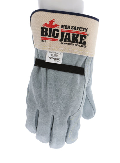 1745 - Big Jake® Series - Leather Palm Work Gloves - Inner Double Palm - Premium A+ Split Side Leather - Full Leather Back - 2.5-Inch Rubberized Safety Cuff - Elastic Strap Back - Constructed with Premium Components