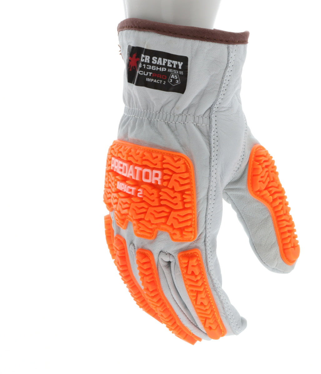 36136HP - CutPro® Leather Drivers - Cut Resistant Work Gloves - Grain Goatskin Leather with HyperMax® HPPE Liner - Orange TPR Back of Hand Protection