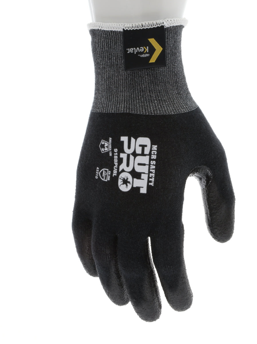 9188PUB - MCR Safety CutPro® - 18 Gauge Black Kevlar® Comfort Aramid Shell - Cut Resistant Work Gloves - Polyurethane (PU)Coated Palm and Fingertips - Reinforced Thumb Crotch