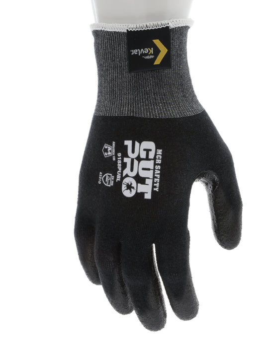 9188PUB - MCR Safety CutPro® - 18 Gauge Black Kevlar® Comfort Aramid Shell - Cut Resistant Work Gloves - Polyurethane (PU)Coated Palm and Fingertips - Reinforced Thumb Crotch