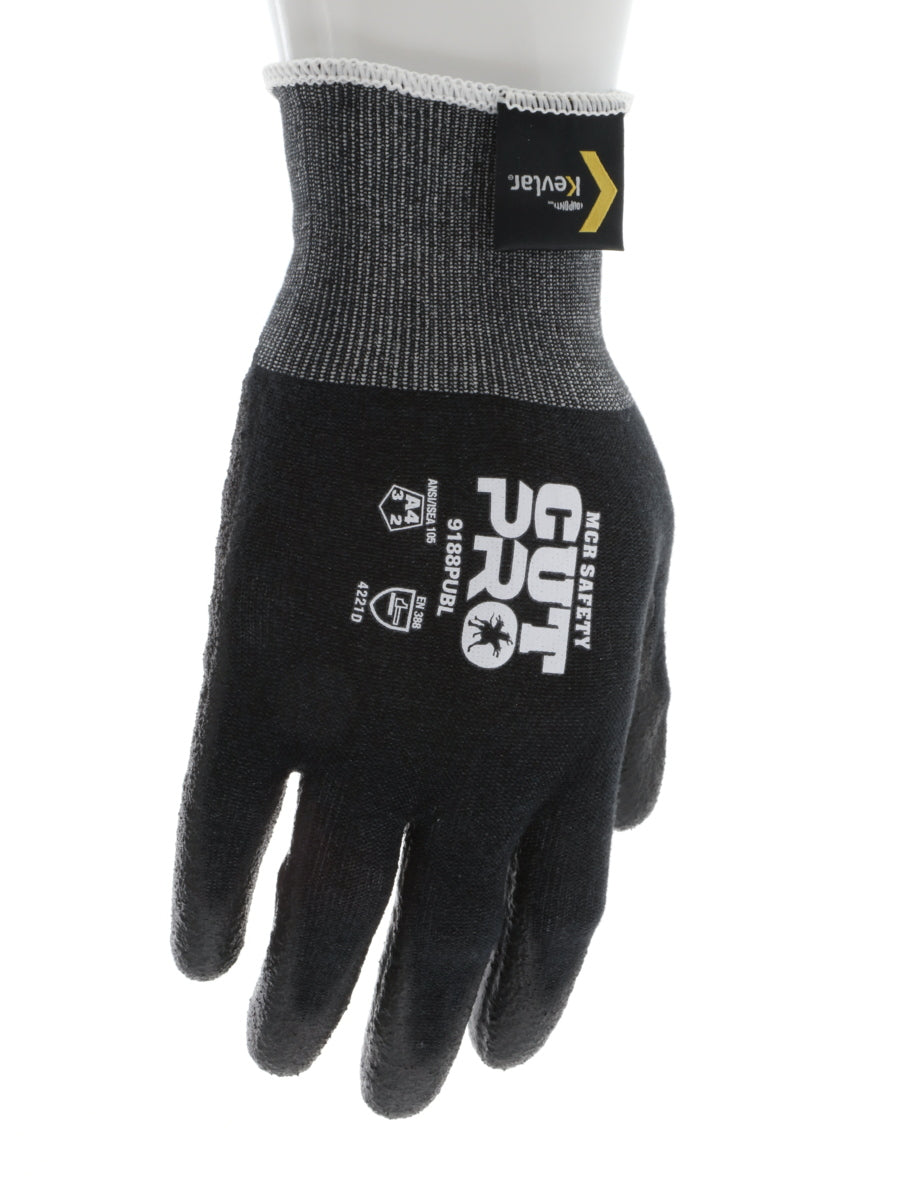 9188PUB - MCR Safety CutPro® - 18 Gauge Black Kevlar® Comfort Aramid Shell - Cut Resistant Work Gloves - Polyurethane (PU)Coated Palm and Fingertips - Reinforced Thumb Crotch