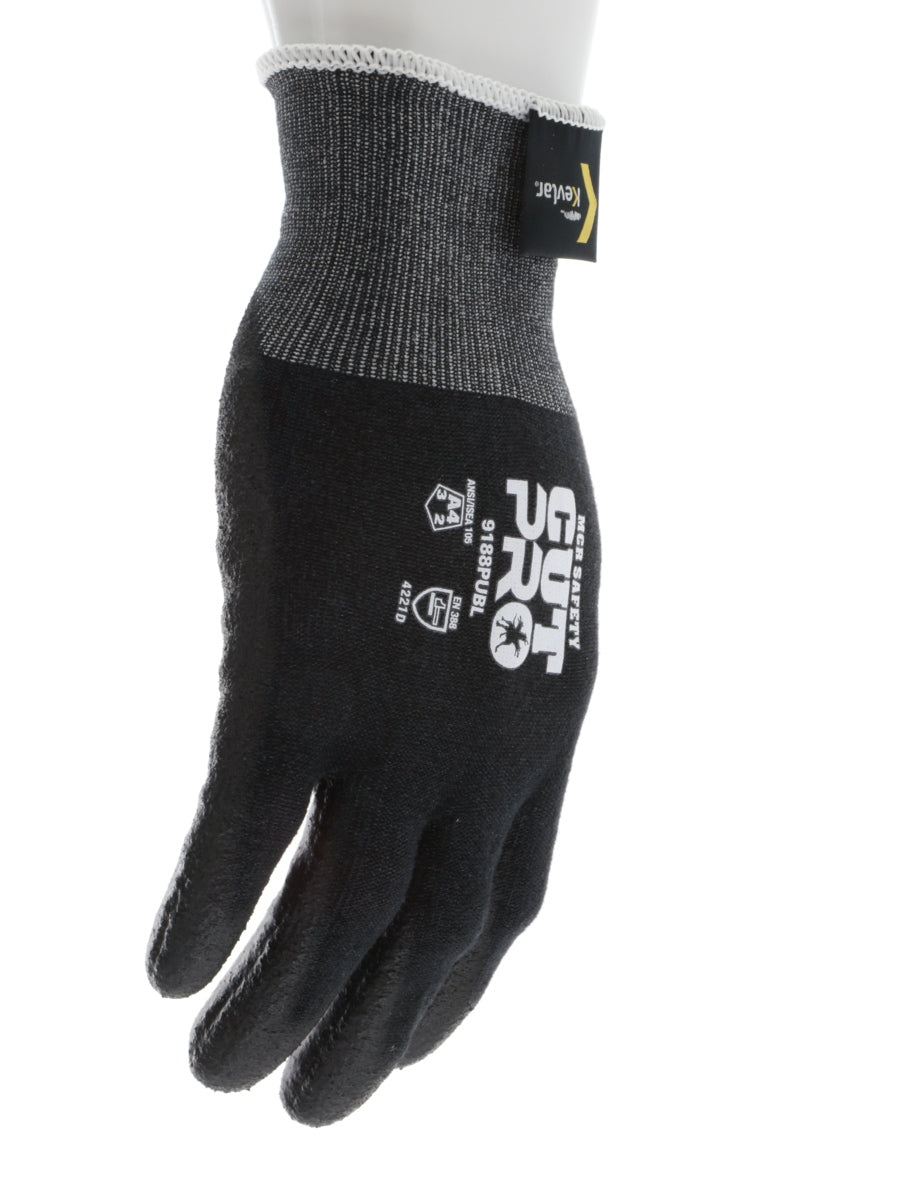 9188PUB - MCR Safety CutPro® - 18 Gauge Black Kevlar® Comfort Aramid Shell - Cut Resistant Work Gloves - Polyurethane (PU)Coated Palm and Fingertips - Reinforced Thumb Crotch