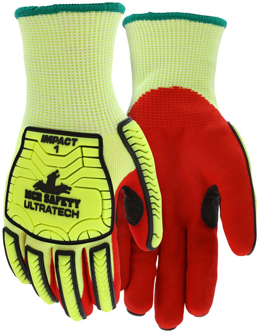 UT1956 - MCR Safety UltraTech® Insulated Mechanics Gloves - CutPro® UltraTech® - 13 Gauge HyperMax® HPPE Shell - 10 Gauge Acrylic Lined - Red Sandy Nitrile Foam Palm Coating - Hi-Vis Lime TPR Back of Hand Protection - Level 1 Impact Protection