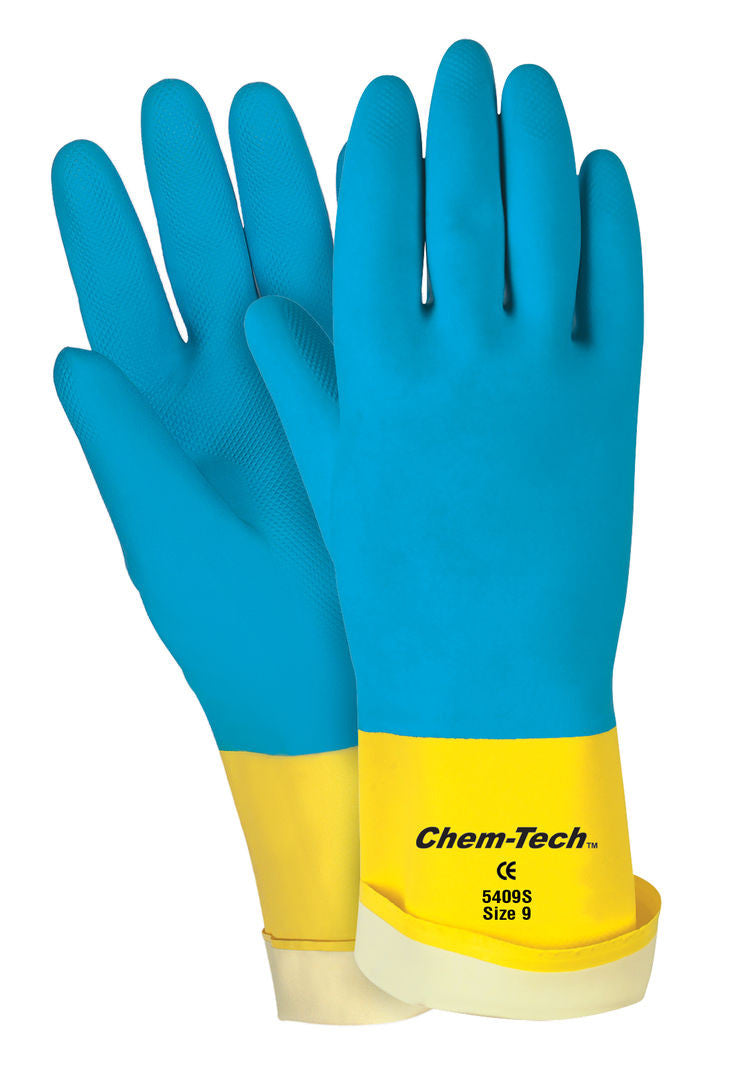 Chem-Tech Neoprene Over Latex Gloves, Flock Lined, Straight Cuff