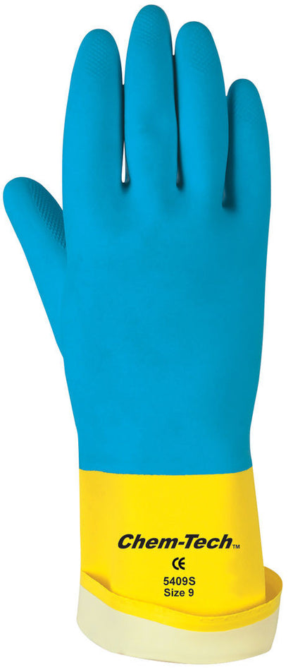 Chem-Tech Neoprene Over Latex Gloves, Flock Lined, Straight Cuff
