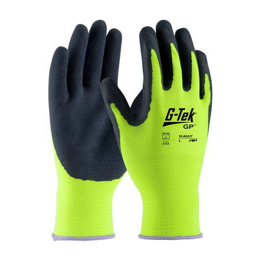 G-Tek® Hi-Vis Seamless Knit Polyester Glove with Latex Coated MicroSurface Grip on Palm & Fingers