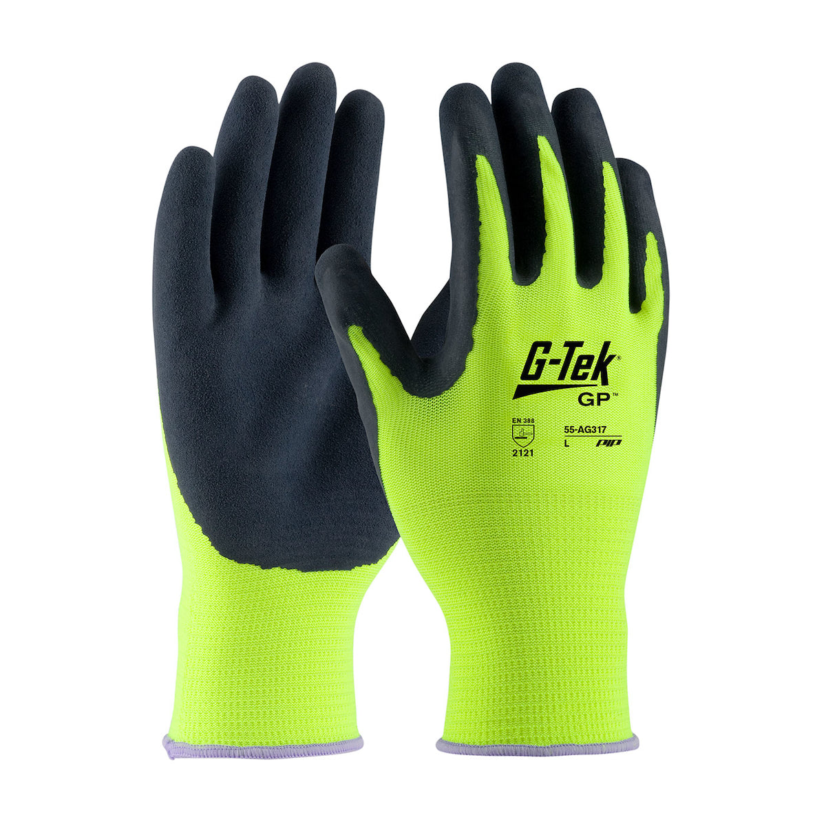 G-Tek® Hi-Vis Seamless Knit Polyester Glove with Latex Coated MicroSurface Grip on Palm & Fingers