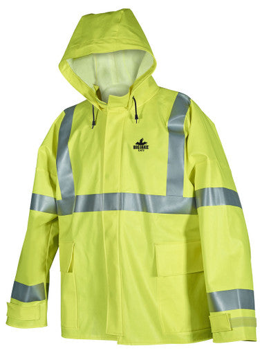 MCR Safety BJ38JH - Big Jake Rainwear Series PVC / Nomex® Flame Resistant Jacket with Attached Hood Class 3 Type R High Visibility Standard ARC Rated HRC2/CAT2 ATPV 8.9 cal/cm&sup2;
