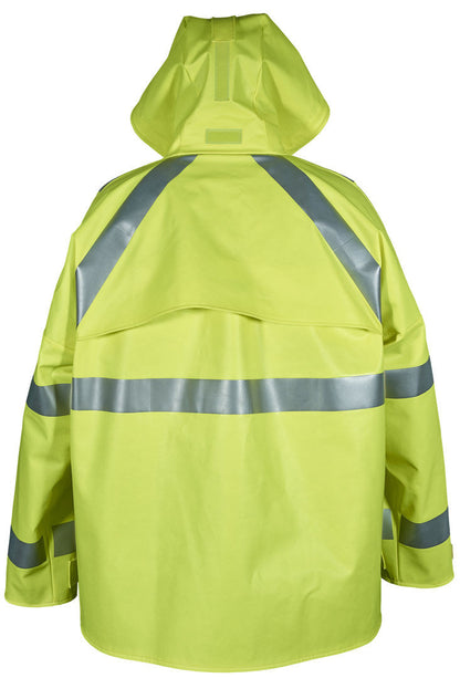 MCR Safety BJ38JH - Big Jake Rainwear Series PVC / Nomex® Flame Resistant Jacket with Attached Hood Class 3 Type R High Visibility Standard ARC Rated HRC2/CAT2 ATPV 8.9 cal/cm&sup2; — manufacturer image 2