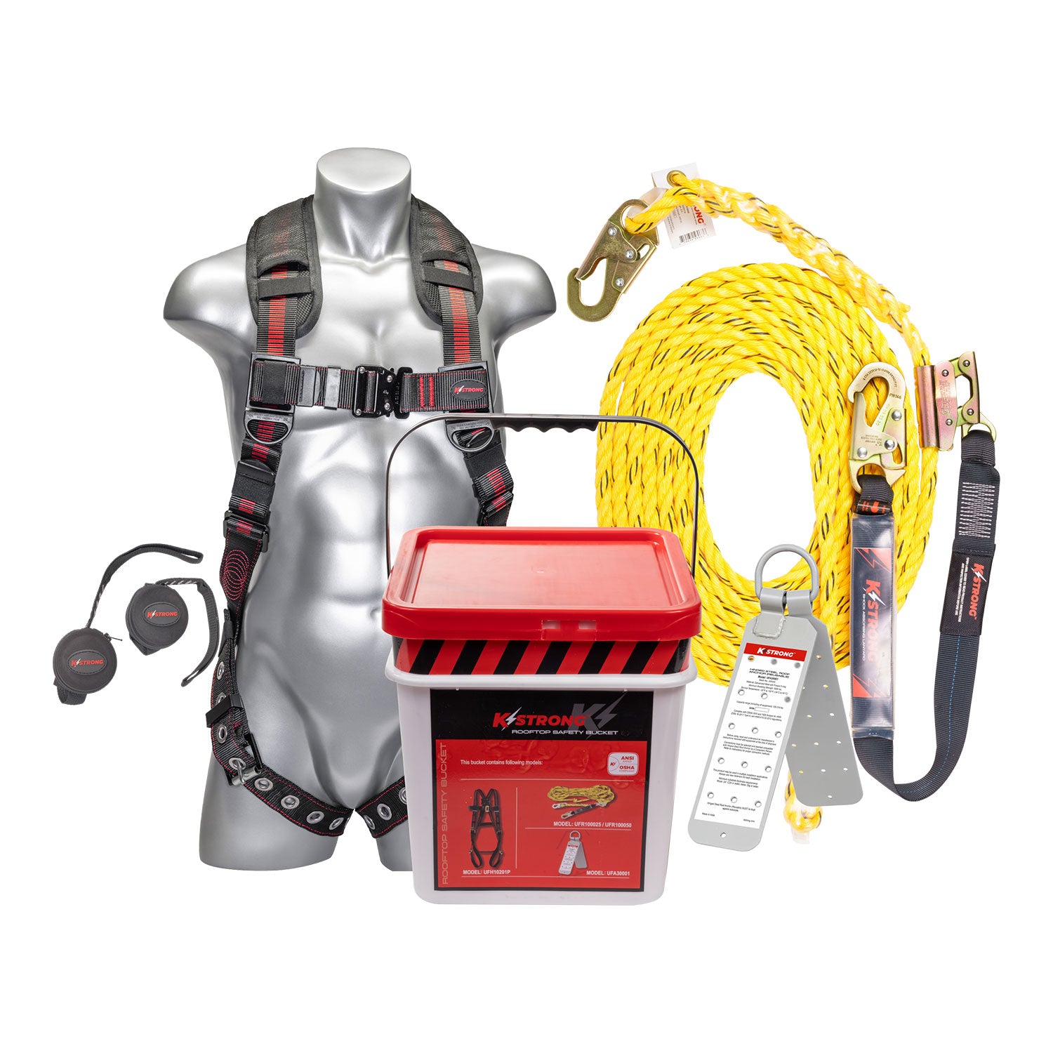 KStrong® 25 ft. Deluxe Roofers Kit with Elite+ 5-Point Harness, Rope, Rope Grab, Roof Anchor, Trauma Relief Pack, Bucket