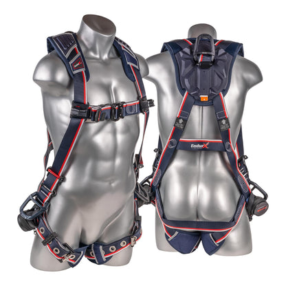 KStrong® EndurX™ 5-Point Full Body Harness, Abrasion Resistant Shoulder Pad, Deluxe Leg Pads, Enhanced Dorsal D-ring Plus™, Side D-rings, Quick Slide Adjusters, Trauma Relief Straps, QC Chest, TB Legs (SS), All Aluminum Hardware (ANSI)
