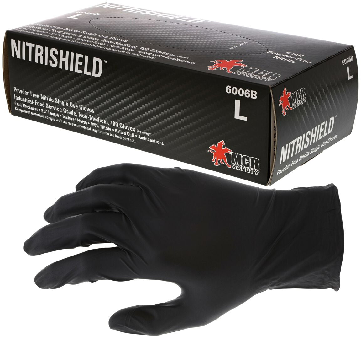 6-Mil Black Nitrile Disposable Gloves, Powder-Free, Textured Finish