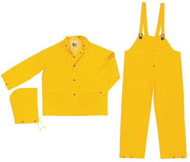 MCR Safety FR2003 - Classic Series Rain Gear - .35mm PVC / Polyester Material - 3 Piece Waterproof Yellow Rain Suit - Rain Jacket with Detachable Hood and Bib Pants - Limited Flammability