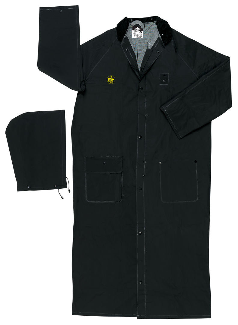 MCR Safety FR267C - Classic Plus Series Rain Gear - .35mm PVC / Polyester Material - Waterproof Ankle Length Black Raincoat - Detachable Hood and Corduroy Collar - Limited Flammability — manufacturer image 2