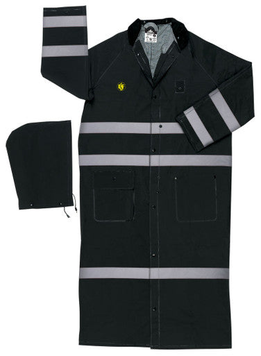 MCR Safety FR267CR - Classic Plus Series Reflective Rain Gear - .35mm PVC / Polyester Material - Waterproof Ankle Length Black Raincoat - Detachable Hood and Corduroy Collar - Limited Flammability - Silver Reflective Stripes