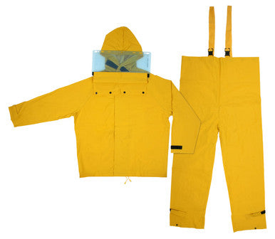 MCR Safety FRHBS100 - Hydroblast Series Rain Gear - .35mm Yellow PVC / Polyester Rain Wear - 2 Piece Hydroblasting Rain Suit - Rain Jacket with Attached Hood and Bib Pants - Shroud Included Affixes to Face Shield and Jacket to Prevent Splashback