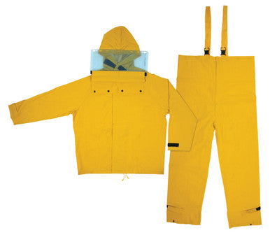 MCR Safety HBS100 - Hydroblast Series Rain Gear - .35mm Yellow PVC / Polyester Rain Wear - 2 Piece Hydroblasting Rain Suit - Rain Jacket with Attached Hood and Bib Pants - Adjustable Hook and Loop at Openings Keep out Spray and Rain