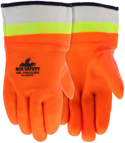 Hi-Vis Orange over Lime Double-Dipped PVC Gloves, Safety Cuff, Jersey Lined