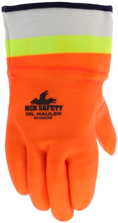 Hi-Vis Orange over Lime Double-Dipped PVC Gloves, Safety Cuff, Jersey Lined