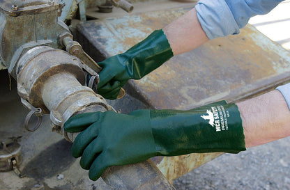 PVC Double-Dipped Work Gloves, Sandy Green Finish, 18-Inch Gauntlet Cuff