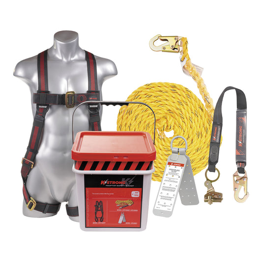 KStrong® 50 ft. Roofers Kit with Elite 5-Point MB Leg Harness Size L-XL, Rope, Openable Self-Tracking Rope Grab Assembly, Reusable Roof Anchor, Bucket and Lid