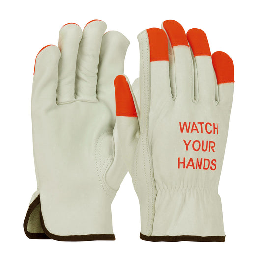 PIP®: Superior Grade Top Grain Cowhide Leather Drivers Glove with Hi-Vis Fingertips and "WATCH YOUR HANDS" Logo - Keystone Thumb