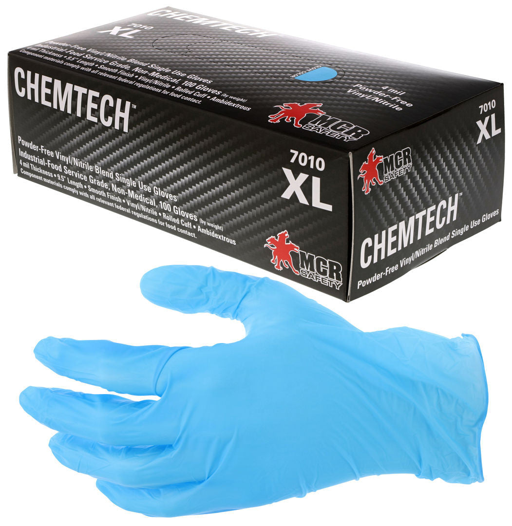 ChemTech Disposable Nitrile/Vinyl Gloves, 4 Mil, Powder-Free, Food Service Grade