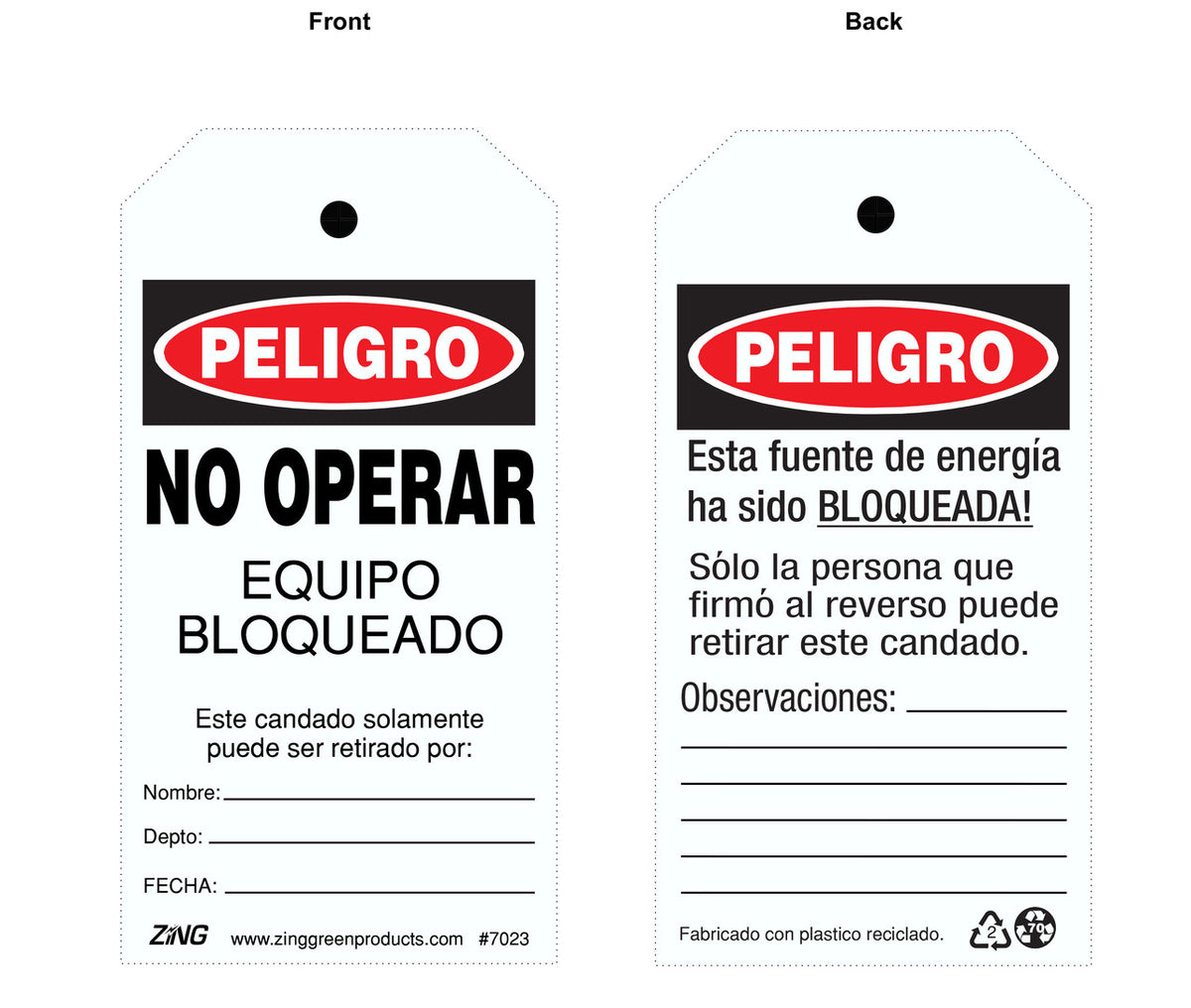 ZING Spanish Safety Tag Danger "Do Not Operate", 5-3/4" X 3" 10/Pk - official Zing product image 1