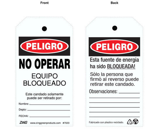 ZING Spanish Safety Tag Danger "Do Not Operate", 5-3/4" X 3" 10/Pk - official Zing product image 1